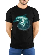Mystical Dolphin Forest Moon Graphic T Shirt Nature Art - model wearing black tee with hands behind back