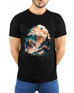 Mystical Mountain Temple Landscape Graphic T Shirt Art - model wearing black tee with hands behind back