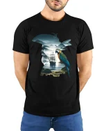 Surreal Pirate Parrot Ocean Silhouette Fantasy Graphic T Shirt - model wearing black tee with hands behind back