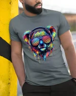 Colorful Koala With Headphones Neon Art Music Graphic T Shirt - model wearing grey tee, leaning on column