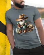 Funny Cowboy Gnome Playing Guitar Country Music Graphic T Shirt - model wearing grey tee, leaning on column