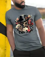Poker Skull Gambler Graphic Tee With Cards Chips And Dark Style - model wearing grey tee, leaning on column