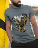 Majestic Eagle Mountain Landscape Graphic T Shirt Nature Art - model wearing grey tee, leaning on column