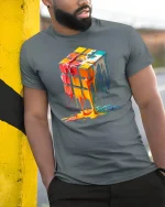 Melting Color Rubik Cube Abstract Art Graphic Tee - model wearing grey tee, leaning on column