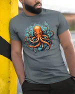 Fierce Ocean Octopus Splash Art Graphic Tee Design - model wearing grey tee, leaning on column