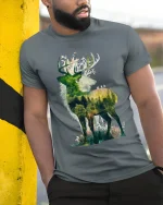 Majestic Forest Deer Silhouette Nature Graphic T Shirt Art - model wearing grey tee, leaning on column