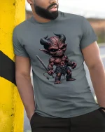 Dark Fantasy Demon Warrior Graphic T Shirt Fierce Artwork - model wearing grey tee, leaning on column