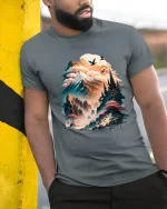 Mystical Mountain Temple Landscape Graphic T Shirt Art - model wearing grey tee, leaning on column