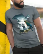 Surreal Pirate Parrot Ocean Silhouette Fantasy Graphic T Shirt - model wearing grey tee, leaning on column
