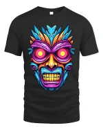Tribal Skull Graphic T Shirt With Neon Mask Art Vibes - black t-shirt on white background