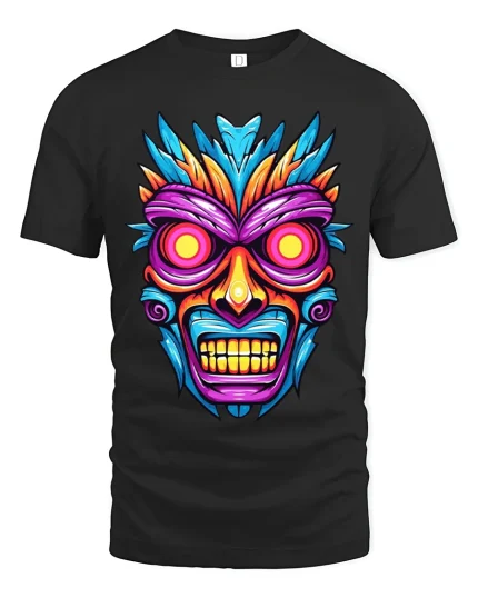 Tribal Skull Graphic T Shirt With Neon Mask Art Vibes - black t-shirt on white background