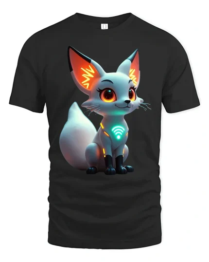 Cute Cyber Fox Graphic T Shirt Futuristic Neon Tech Art Style - black t-shirt on white background