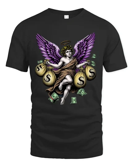Money Angel Graphic T Shirt Purple Wings Wealth Art Design - black t-shirt on white background