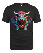 Fantasy Bull Dragon Graphic T Shirt Colorful Mythical Creature Art - black t-shirt on white background