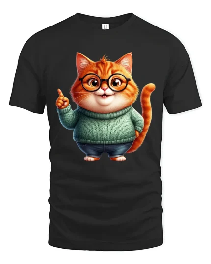Cute Nerdy Cat Graphic T Shirt Adorable Smart Cartoon Art Style - black t-shirt on white background