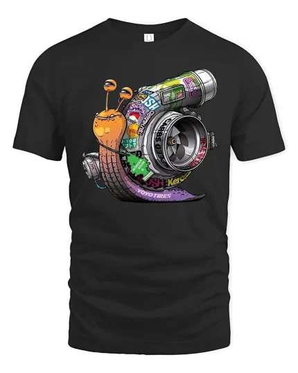 Funny Turbo Snail Graphic T Shirt Boosted Speed Cartoon Design - black t-shirt on white background