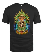 Tribal Jaguar Skull Graphic T Shirt Aztec Warrior Spirit Art - black t-shirt on white background