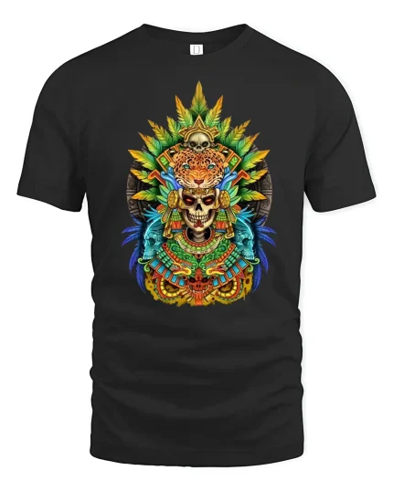 Tribal Jaguar Skull Graphic T Shirt Aztec Warrior Spirit Art - black t-shirt on white background