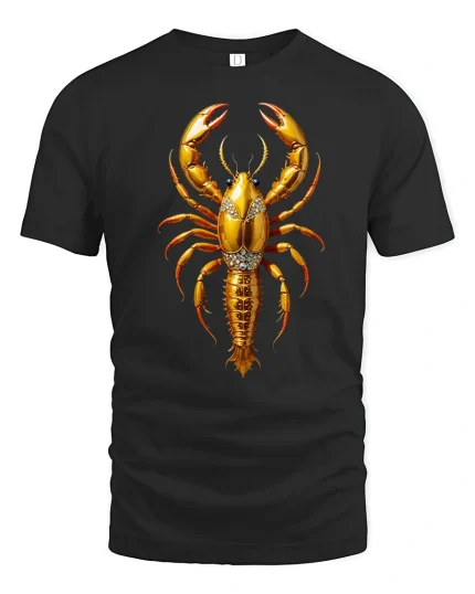 Golden Lobster Graphic T Shirt Luxury Ocean Inspired Art Design - black t-shirt on white background