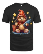 Cute Wizard Teddy Bear Graphic T Shirt Magical Fantasy Art Style - black t-shirt on white background