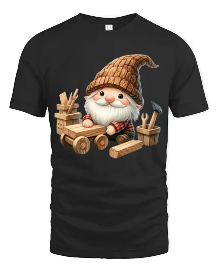 Cute Carpenter Gnome Graphic T Shirt Whimsical Woodcraft Art Style - black t-shirt on white background