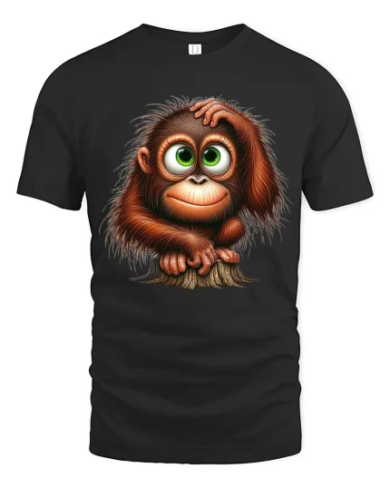 Cute Baby Monkey Graphic T Shirt Big Eyes Cartoon Style Art - black t-shirt on white background