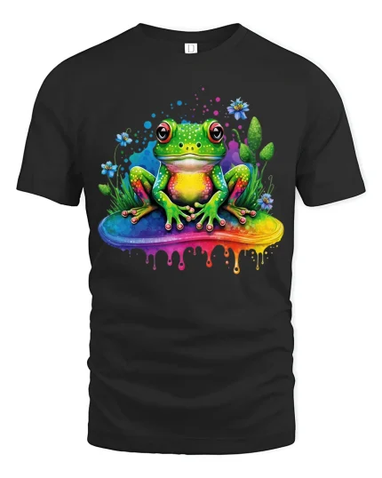 Colorful Frog Graphic T Shirt Vibrant Cute Nature Art Design - black t-shirt on white background