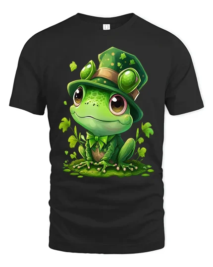 Cute Leprechaun Frog Graphic T Shirt Whimsical Irish Style Art - black t-shirt on white background
