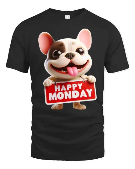 Happy Monday Dog Graphic T Shirt Funny Cute Cartoon Work Humor - black t-shirt on white background