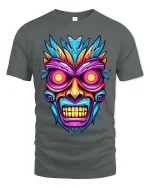 Tribal Skull Graphic T Shirt With Neon Mask Art Vibes - gray t-shirt on white background