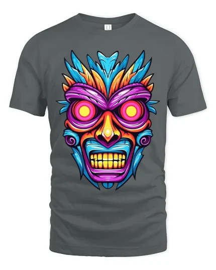 Tribal Skull Graphic T Shirt With Neon Mask Art Vibes - gray t-shirt on white background