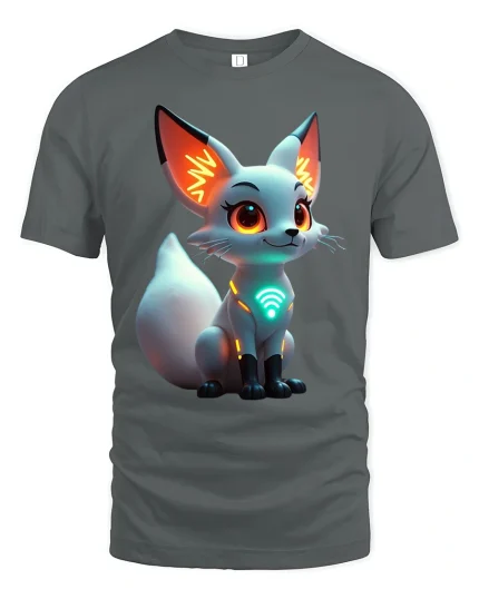 Cute Cyber Fox Graphic T Shirt Futuristic Neon Tech Art Style - gray t-shirt on white background