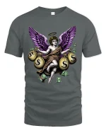 Money Angel Graphic T Shirt Purple Wings Wealth Art Design - gray t-shirt on white background