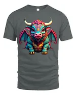 Fantasy Bull Dragon Graphic T Shirt Colorful Mythical Creature Art - gray t-shirt on white background
