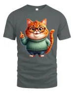 Cute Nerdy Cat Graphic T Shirt Adorable Smart Cartoon Art Style - gray t-shirt on white background