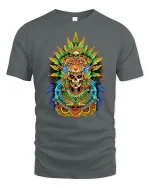 Tribal Jaguar Skull Graphic T Shirt Aztec Warrior Spirit Art - gray t-shirt on white background