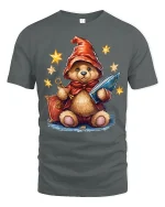 Cute Wizard Teddy Bear Graphic T Shirt Magical Fantasy Art Style - gray t-shirt on white background