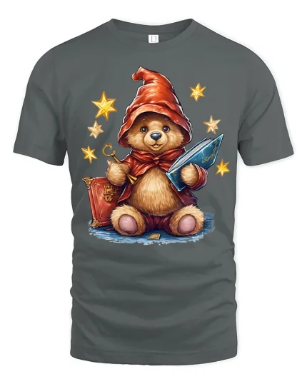 Cute Wizard Teddy Bear Graphic T Shirt Magical Fantasy Art Style - gray t-shirt on white background