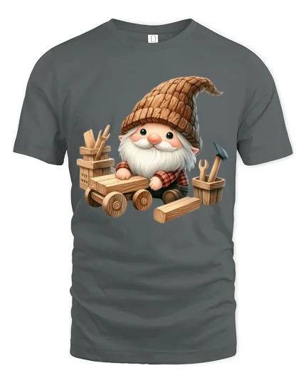 Cute Carpenter Gnome Graphic T Shirt Whimsical Woodcraft Art Style - gray t-shirt on white background