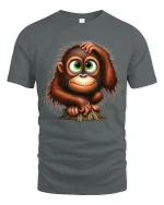 Cute Baby Monkey Graphic T Shirt Big Eyes Cartoon Style Art - gray t-shirt on white background