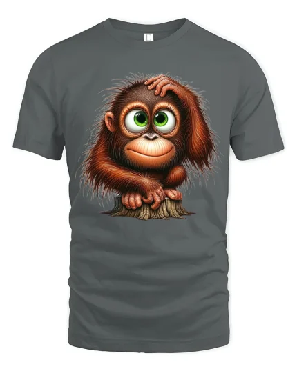 Cute Baby Monkey Graphic T Shirt Big Eyes Cartoon Style Art - gray t-shirt on white background