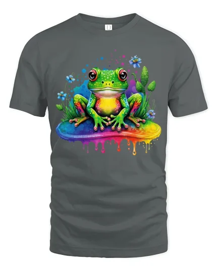 Colorful Frog Graphic T Shirt Vibrant Cute Nature Art Design - gray t-shirt on white background