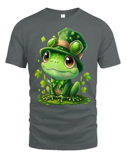 Cute Leprechaun Frog Graphic T Shirt Whimsical Irish Style Art - gray t-shirt on white background