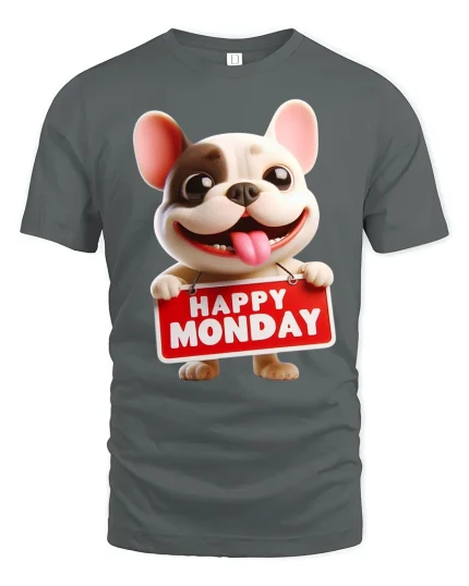 Happy Monday Dog Graphic T Shirt Funny Cute Cartoon Work Humor - gray t-shirt on white background