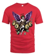 Money Angel Graphic T Shirt Purple Wings Wealth Art Design - red t-shirt on white background