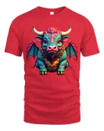 Fantasy Bull Dragon Graphic T Shirt Colorful Mythical Creature Art - red t-shirt on white background