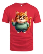 Cute Nerdy Cat Graphic T Shirt Adorable Smart Cartoon Art Style - red t-shirt on white background