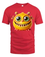 Funny Cute Monster Graphic T Shirt Big Eyes Smiling Cartoon Art - red t-shirt on white background