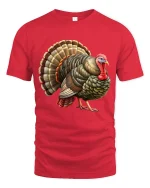 Funny Thanksgiving Turkey Graphic T Shirt Detailed Farm Art Style - red t-shirt on white background