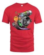 Funny Turbo Snail Graphic T Shirt Boosted Speed Cartoon Design - red t-shirt on white background